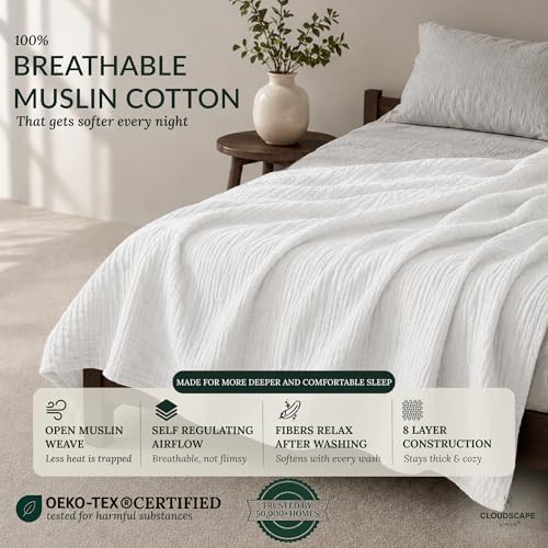 CLOUDSCAPE 8 Layer Muslin Blankets for Adults, King Size 92"x108" - White - Image 2
