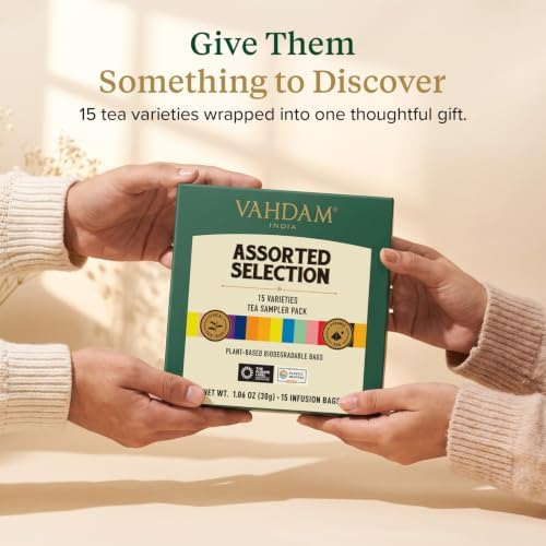 VAHDAM Assorted Tea Sampler (15 Unique Flavors in Pyramid Teabags) Tea Gift - Image 4