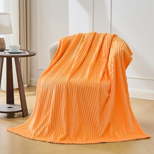 Bnuitland Fleece Throw Blanket for Couch, 300GSM Soft Warm Cozy Fluffy Throw for Adults & Kids, Stripe Pattern, All Season Sofa Bed Blanket for Home Decor, Light Orange 50"x60" - Image 4