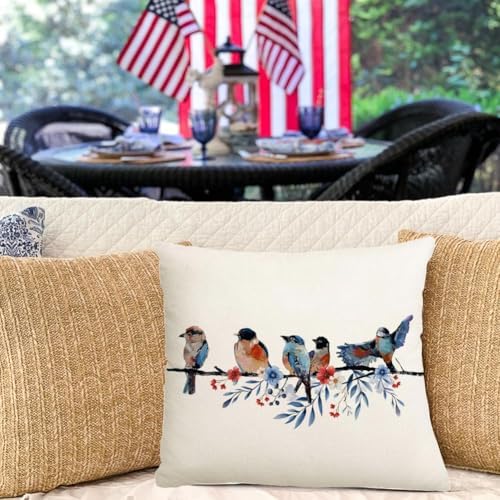 RABUSOFA 4th of July Memorial Day Patriotic Throw Pillow Cover,20x20 Inch Red White and Blue Birds Flowers Independence Day American Fourth of July Decoration for Sofa Couch - Image 2