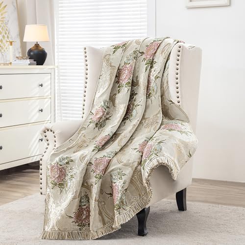 Loom and Mill Jacquard Floral Throw Blankets for Bed, Pearly Beige, 52"x72” by LoomandMill