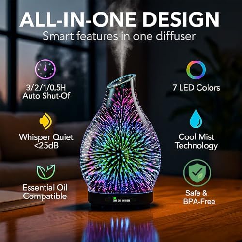 Glass Essential Oil Diffuser for Home, 120ML, 7 Color Lights - Image 3