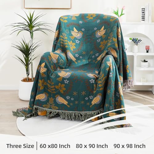 VANJOROY Boho Throw Blanket, 100% Organic Cotton Breathable Ultra Soft 50" x 60" Bed Quilt Throw - Floral Rustic Bird Farmhouse Decor Luxury Reversible Blanket for Sofa Couch Chair and Gift,Teal/Beige - Image 5