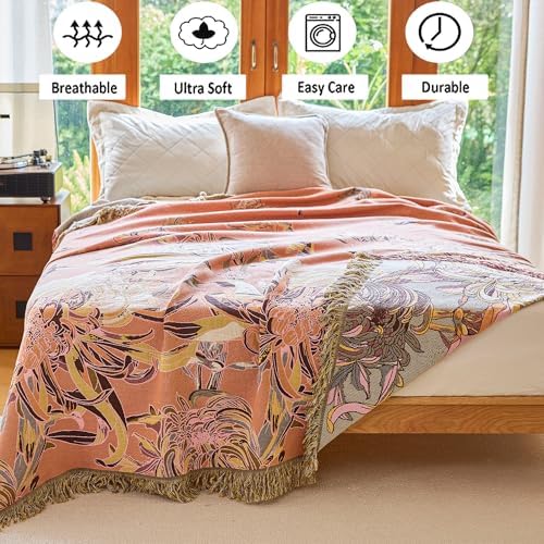 VANJOROY Boho Throw Blanket 80" x 90", 100% Organic Cotton Breathable Skin-Friendly Ultra Soft Bed Quilt Throw - Floral Rustic Decor Luxury Reversible Blanket for Sofa Couch Chair and Gift, - Image 7