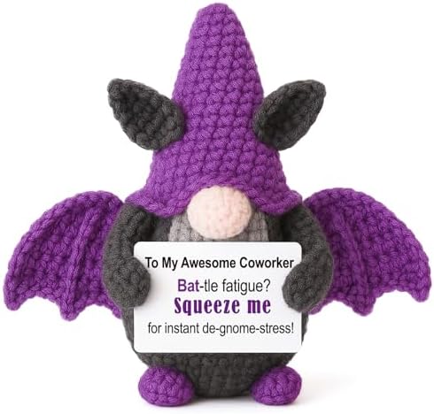 Halloween Bat Gnome Gift for Coworkers, Handmade Crochet Purple Gnome Holding Positive Note, Halloween Treats Non Candy for Adult Men or Women, Office Décor for Colleagues, Boss or Work Bestie by Wherelovetakesshape