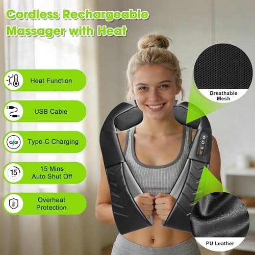 UFFAE Cordless Shiatsu Neck and Back Massager with Heat, Electric Deep Tissue Kneading Neck and Shoulder Massage, Best Gifts for Women Men Mom Dad Mothers Fathers Day Birthday Gift, Black (Cordless - Image 3