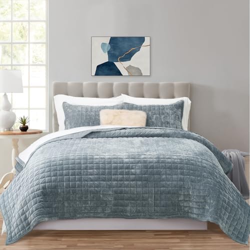 RECYCO Channel Box Stitch Velvet Quilt Set, Twin/Twin XL Size, Blue Linen - Image 2