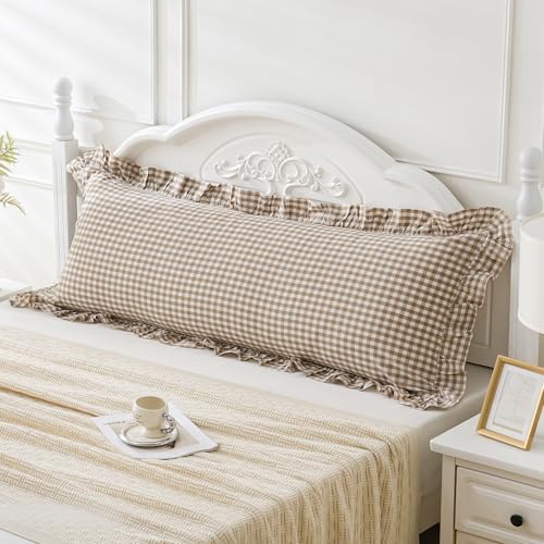 Taupe/White Plaid Ruffled Body Pillow Cover Washed Cotton 20"x54" by Qilunn