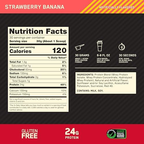 Optimum Nutrition Gold Standard Whey Protein Powder, Strawberry Banana, 2LB - Image 3