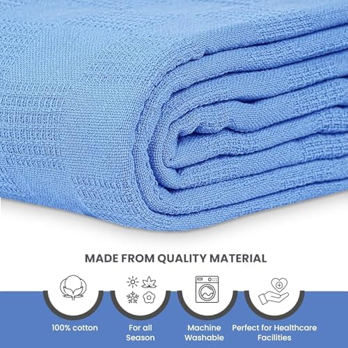 Linteum Textile Supply Blue - Snag Free Hospital Thermal Blanket 66x90 Inch 100% Cotton, Soft and Cozy, Breathable, All Season Twin Hospital Blanket (1-Pack) - Image 2