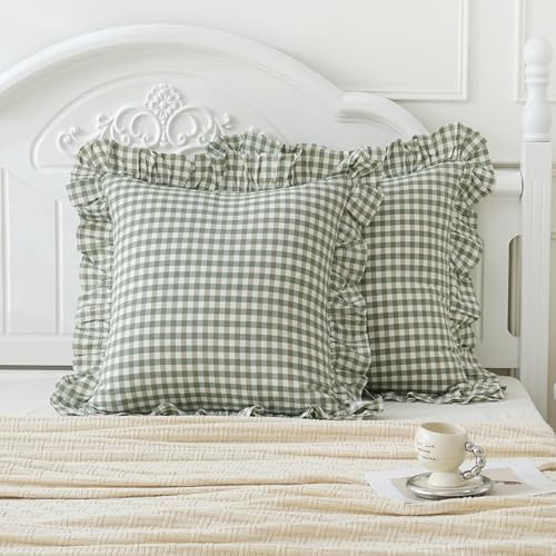 2 Pack Sage Green White Plaid Ruffle Euro Shams Pillow Covers 26x26 inches by Qilunn