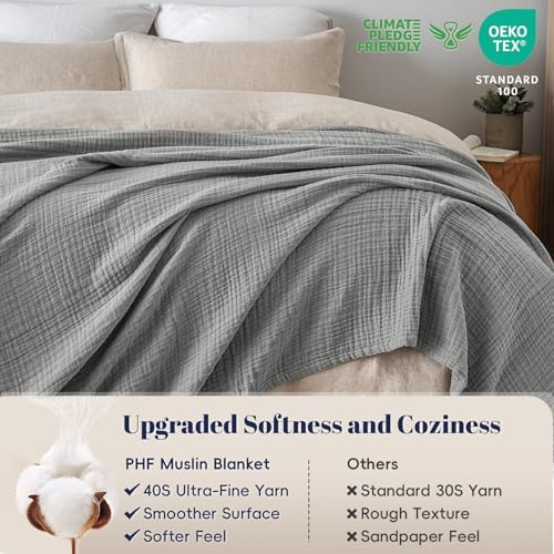 PHF 100% Cotton Muslin Blanket King Size 108"x90", 4-Layer Lightweight Gauze Throw, Breathable Cloud-Soft Minimalist Blanket for Bed, Couch, Camping & Baby, Grey, Ideal Gift - Image 4