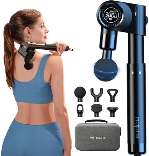 NAPRE Foldable Massage Gun with Extension Handle & 5 Adjustable Angles,Deep Tissue Back Massage for Neck/Body Pain Relief,Handheld Percussion Muscle Massager,32 Speeds,6 Heads & Silent,with Case by Napre