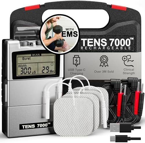TENS 7000 Rechargeable Tens Unit Muscle Stimulator, EMS Muscle Stimulator, Back Pain Relief, 4 Electrodes/Unit Pads, Period Pain Simulator, Muscle Recovery & Growth, Stim Machine, Electrotherapy by TENS7000