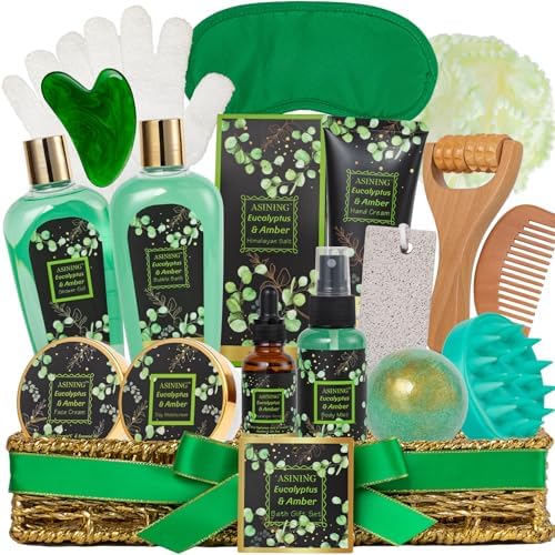 Eucalyptus Bath & Body Gift Basket, Self-Care Set for Women & Men Spa Gift by ASINING