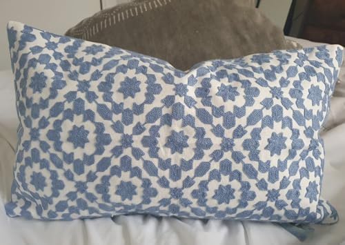 Throw Pillow Cover Embroidered Trellis 12x20 inch Mina Blue Cornflower 30x50cm Decorative Lumbar Pillow Cover Embroidery Cotton Canvas 1pc Della Robbia Blue Cushion Cover - Image 6