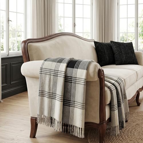 Americanflat 50x60 Throw Blanket - Soft and Breathable Cotton Throw Blanket for Couch, Bed, Chair - Decorative Blankets Perfect for Home, Office, or Outdoor Use - Black and Beige Plaid Design - Image 2