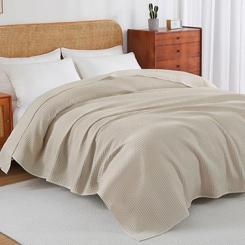 100% Egyptian Cotton Waffle Weave Throw Blanket for Bed Couch Sofa Home Decor, Soft Lightweight Bed & Couch Blanket for All Seasons (Light Khaki - Full Size - 84 * 90") - Image 2