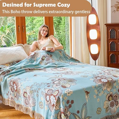 VANJOROY Boho Throw Blanket 60" x 80", 100% Organic Cotton Breathable Skin-Friendly Ultra Soft Bed Quilt Blue Throw - Floral Rustic Decor Luxury Reversible Blanket for Sofa Couch Chair and Gift, - Image 4