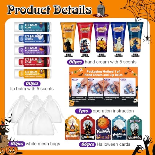 60 Pack Halloween Hand Cream and Lip Balm Set for Women, Halloween Gifts - Image 2