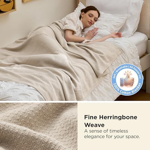 Bedsure 100% Cotton Blanket, Herringbone Weave, Twin-XL, Linen Beige - Image 2