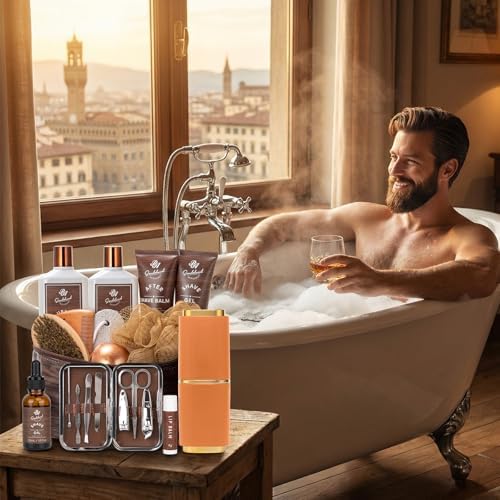 21 Pcs Sandalwood Bath & Body Care Gift Basket Set for Men, Father's Day Gifts for Dad, Men Skin Care Gift Set, Leather Bag, Home Spa Kit, Birthday,Anniversary, Christmas, Boyfriend - Image 3