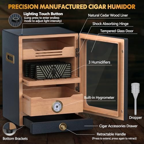 Tesonway Cigar Humidor, Desktop Cigar Humidor Cabinet Light Control System with Spanish Cedar Wood Shelves, Hygrometer, 3 Humidifiers and Cigar Accessories Drawer, for Men (Carbon Fiber) - Image 2