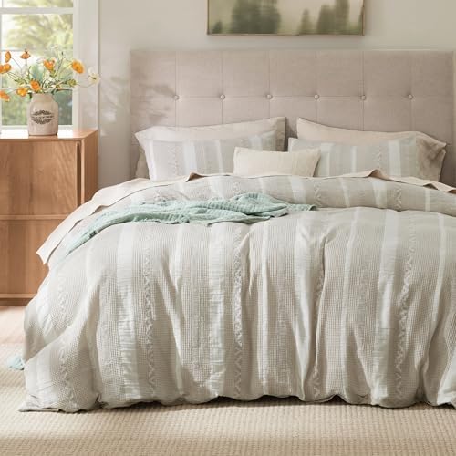 Bedsure PureWoven Boho Striped Cotton Waffle Duvet Cover Set, Queen, Linen by Unknown
