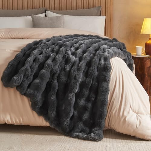 Lotus Karen Queen Size Faux Fur Blanket Dark Gray - Big Bubble Rabbit Fluff Throw for Bed Large Fluffy Fuzzy Cozy Thick Furry Plush Shaggy Blankets 90x90 Inches - Image 4