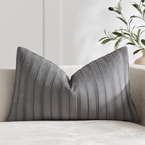DEZENE 12x20 Grey Lumbar Pillow Covers Soft Striped Corduroy Modern Neutral Rectangular Throw Pillow Cases for Couch Sofa Bedroom Living Room Home Decor by DEZENE