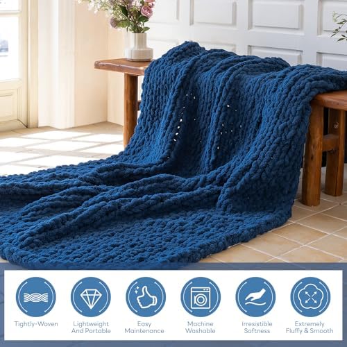 Chunky Knit Throw Blanket for Couch，40x50 Inches Deep Blue - Image 2