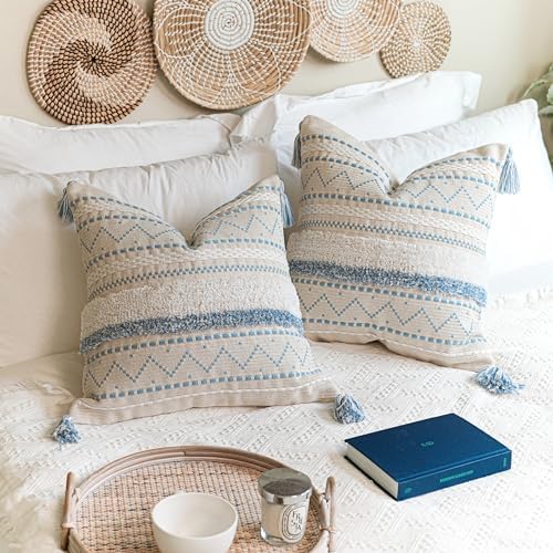 BlissBlush Decorative Throw Pillow Covers 20x20 Combo Set of 2 Square Coastal Blue Boho Accent Pillowcase Tassels Farmhouse Cushion for Couch Sofa Bedroom Living Room Home Décor Cover ONLY - Image 7