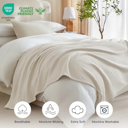 PHF 100% Cotton Muslin Blanket Queen Size 90"x90", 4-Layer Lightweight Gauze Throw, Breathable Cloud-Soft Minimalist Blanket for Bed, Couch, Camping & Baby, Oat Milk, Ideal Gift - Image 5