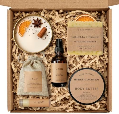 Bath Gift Set, Spa Gifts for Women, Self Care Products for Women, Orange & Calendula Soap Bar, Calm Pillow Mist, Bath Bomb & Shower Steamer, Body Butter and Lip Balm by Unknown