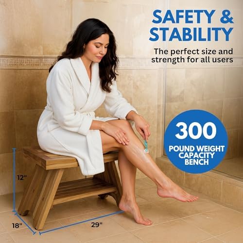 EcoDecors Serenity 30-Inch Teak Shower Bench with Shelf, 300 lb - Image 3