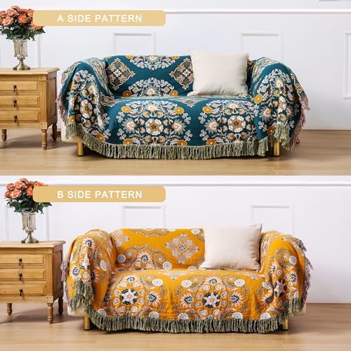 VANJOROY Boho Throw Blanket, 100% Cotton Soft Sofa Bed Queen Throw-Floral Farmhouse Decor Blanket, Reversible Bohemian Yellow Throw for Chair Couch Quilt and Gift, 80" x 90" - Image 3