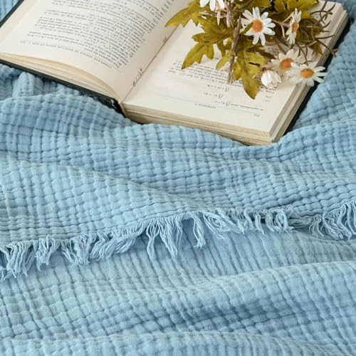 Esterra Muslin Throw Blanket 50x65 Inches Cozy Soft Lightweight Pre-Washed Cotton Blanket, All Season Breathable 4-Layer Gauze Blanket Throw for Sofa Couch Bed, Sky Blue - Image 2