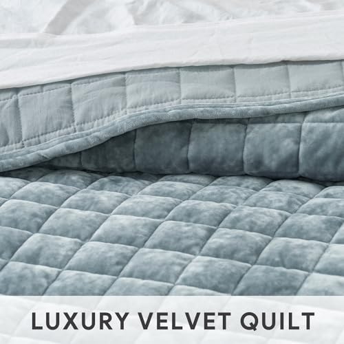 RECYCO Channel Box Stitch Velvet Quilt Set, King Size, Blue Linen - Image 5
