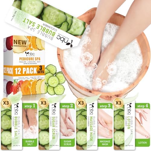 Pedicure Kit Foot Soak Set: Bubble Salt, Sugar Scrub, Massage Mask, Massage Lotion in a Box, 4 Step Foot Spa Kit for Dry Feet, Softens Calluses(3 Set Cucumber) by nbcBeautiLab