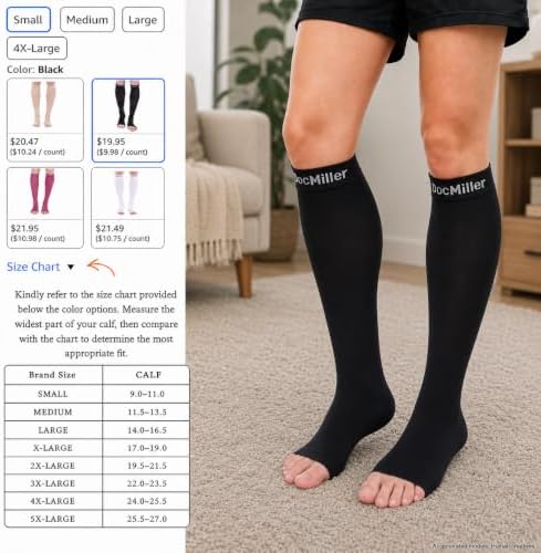 Doc Miller Open Toe Compression Socks, 20-30 mmHg, Knee High, Men & Women - Image 3