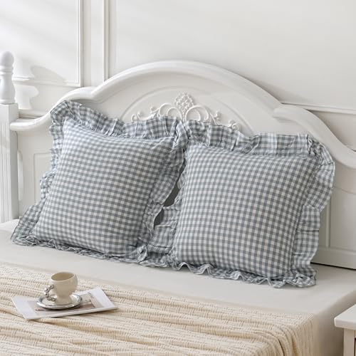 2 Pack Blue White Plaid Euro Pillow Shams Ruffle Pillowcases, 26x26 Inches by Qilunn