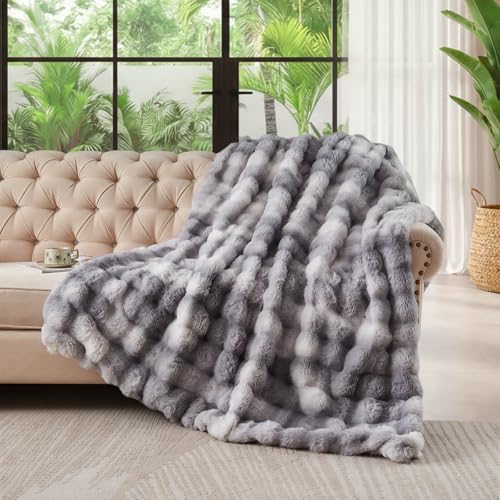 Lotus Karen Faux Fur Blanket - Tie-Dye Gray Twin Size, Big Bubble Rabbit Fluff, Thick Furry Plush Shaggy Blanket for Men, 60x80 Inches - Image 2