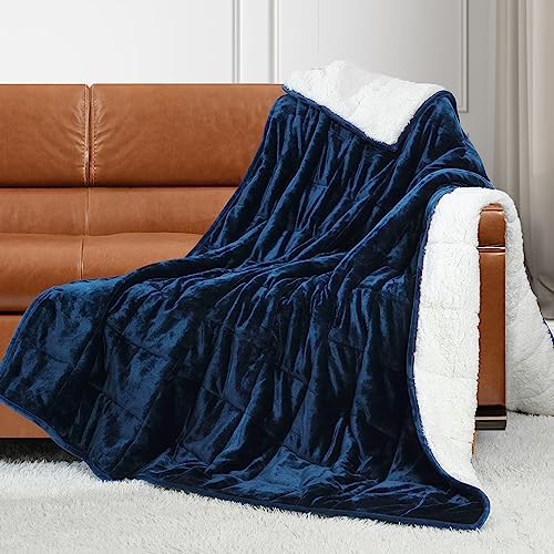Alomidds Weighted Blanket Twin Size 15lbs 48x72 inches, Sherpa Weighted Blankets for Adults,Fluffy Warm Sherpa & Cozy Soft Flannel Snuggle Thick Heavy Blanket Great for Calming and Relax, Navy by Alomidds