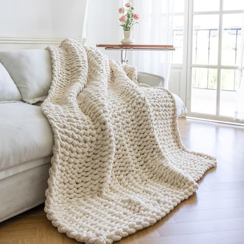 Chunky Knit Throw Blanket for Couch，40x50 Inches Cream by Larexius