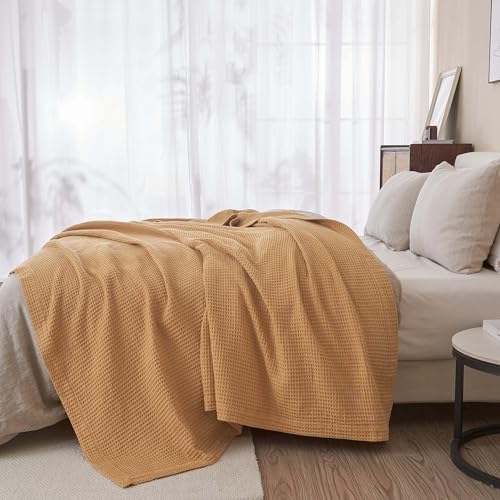100% Cotton Yellow Blanket Twin Size for Bed - Breathable and Soft, Waffle Weave for Summer Spring, 90x66 Inches (Marigold) - Image 5