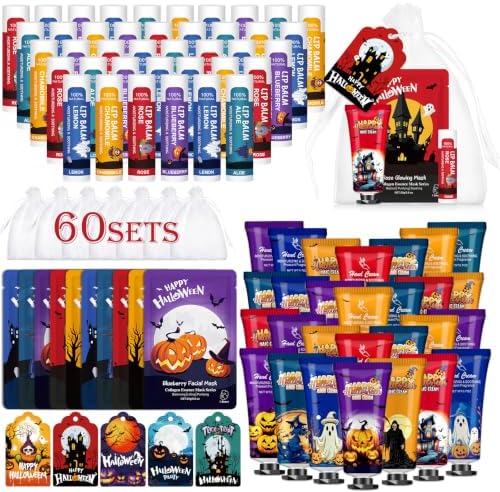 60 Pack Bulk Halloween Facial Mask, Hand Cream & Lip Balm, Halloween Gifts by KONEUK