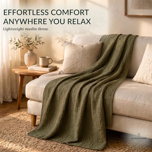 CLOUDSCAPE 8 Layer 100% Cotton Muslin Throw for Sofa 50"x70" - Olive Green - Image 3