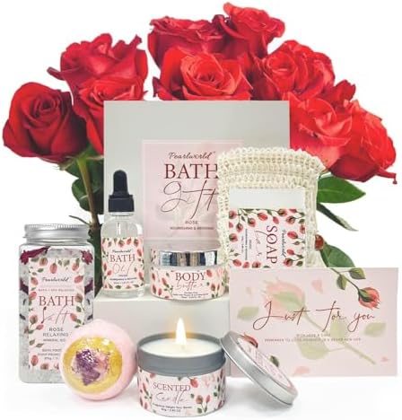 Rose Spa Gift Set for Women, Luxury 9 Pcs Bath Salts Set, Relaxation Gifts for Women, Self Care Set, Clean Moisturizing Skin, Gifts for Mom, Wife, Sister, Friend by PEARLWORLD