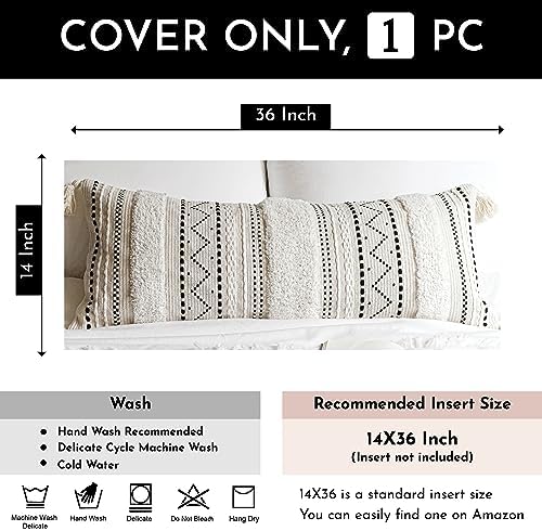 BlissBlush 14x36 Lumbar Pillow Cover for Bed, Rectangular Long Decorative Throw Pillowcase, Boho Accent Cushion with Black Tufted Pattern and Tassels, Cream Neutral (Cover Only) - Image 3