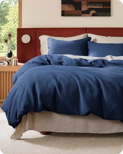 Bedsure PureWoven 100% Cotton Waffle Weave Duvet Cover Set, 3 Pieces, Navy by Unknown